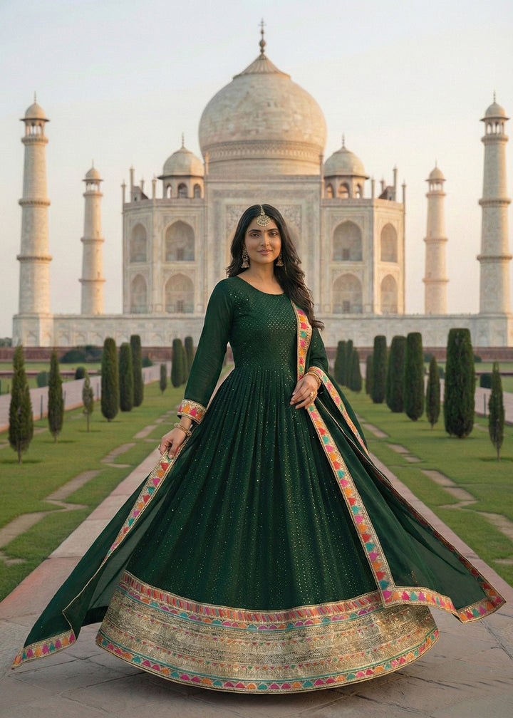 Buy Now Green All Over Sequins Work Festive Anarkali Gown Online in US, UK, Canada, France, Italy, Sweden, Ireland, Denmark, Greece, UAE & Worldwide at Empress.