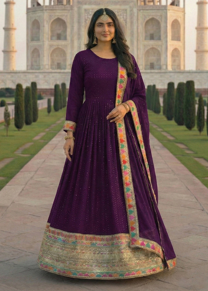 Buy Now Purple All Over Sequins Work Festive Anarkali Gown Online in US, UK, Canada, France, Italy, Sweden, Ireland, Denmark, Greece, UAE & Worldwide at Empress.