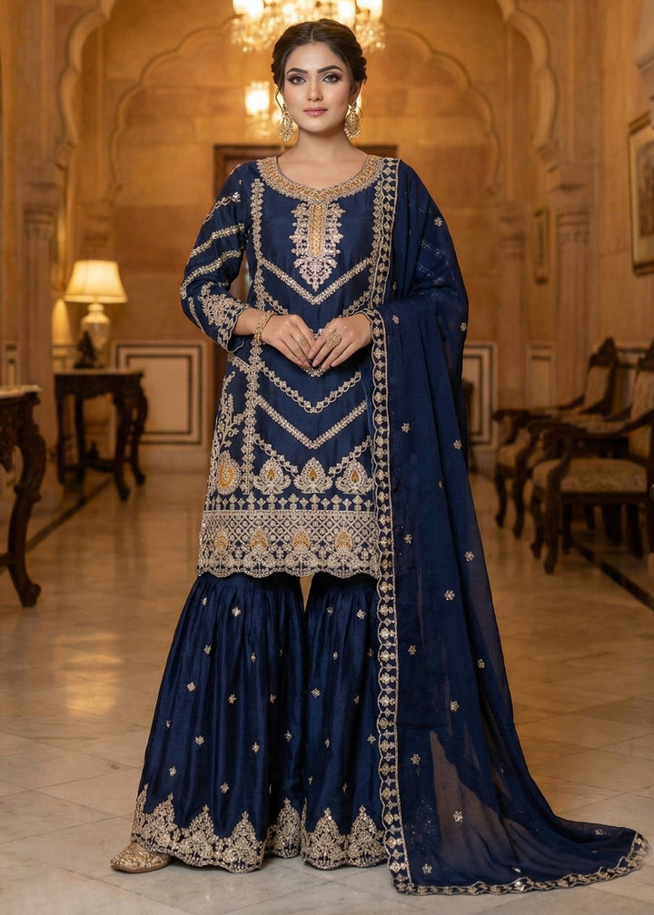 Shop Now Navy Blue Chinnon All Over Sequins Gharara Suit Online at Empress in USA, UK, Canada, Germany, Australia, Sweden, Denmark, Qatar, Africa & Worldwide.