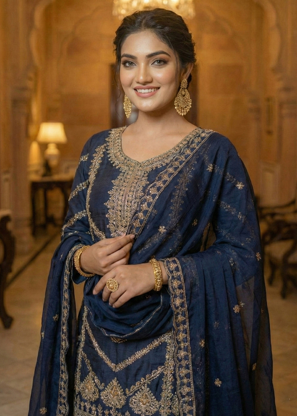 Shop Now Navy Blue Chinnon All Over Sequins Gharara Suit Online at Empress in USA, UK, Canada, Germany, Australia, Sweden, Denmark, Qatar, Africa & Worldwide.