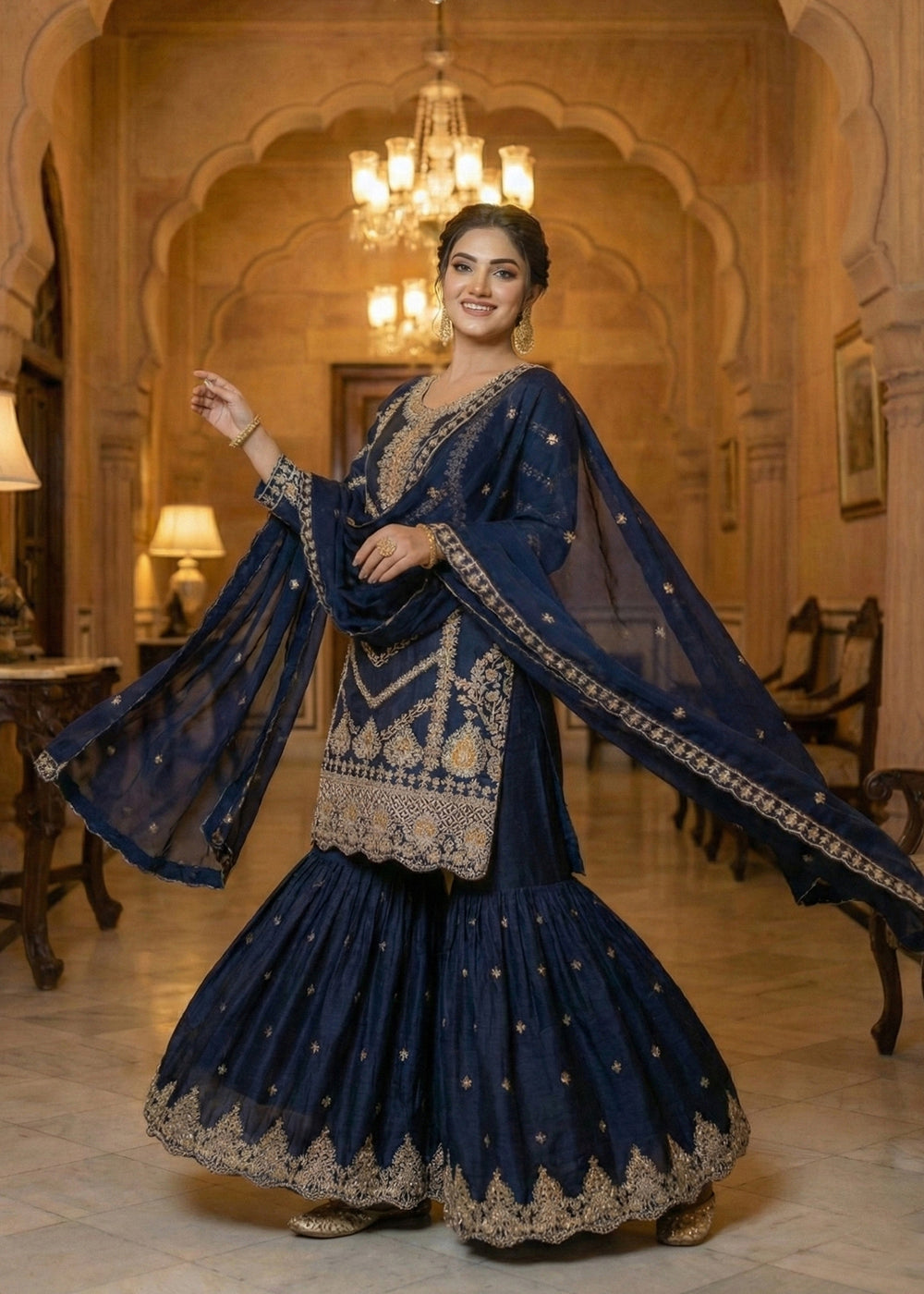 Shop Now Navy Blue Chinnon All Over Sequins Gharara Suit Online at Empress in USA, UK, Canada, Germany, Australia, Sweden, Denmark, Qatar, Africa & Worldwide.