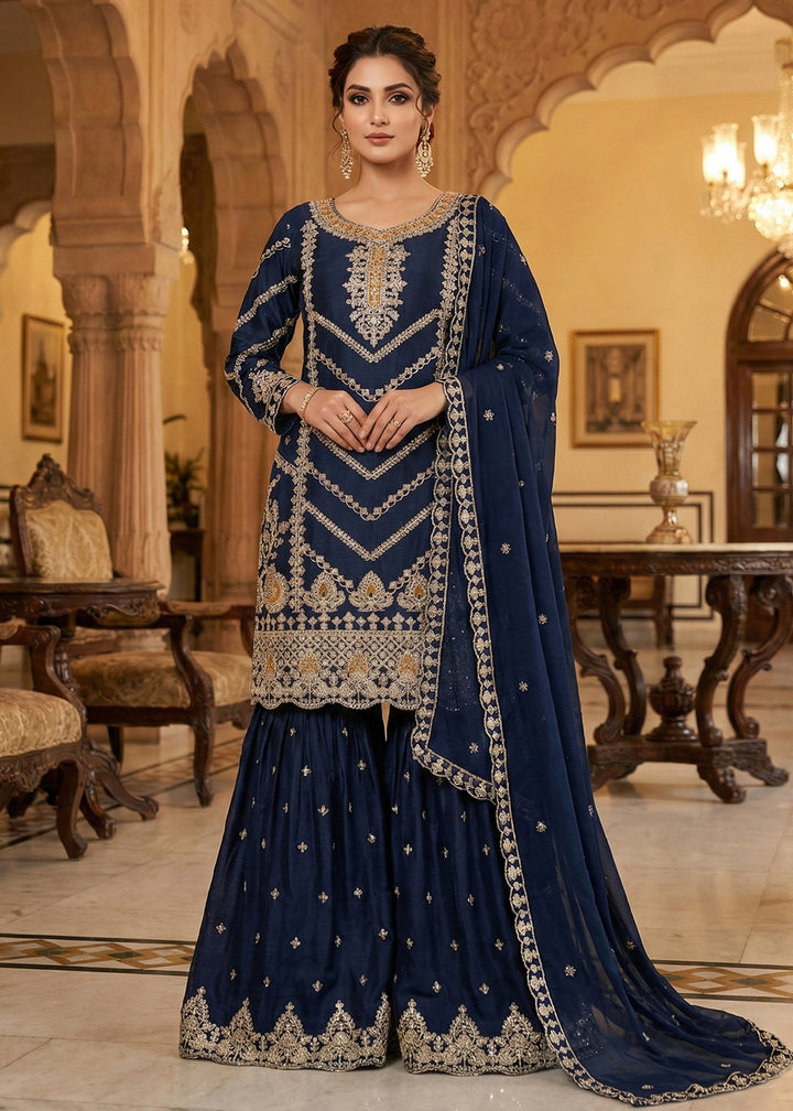 Shop Now Navy Blue Chinnon All Over Sequins Gharara Suit Online at Empress in USA, UK, Canada, Germany, Australia, Sweden, Denmark, Qatar, Africa & Worldwide.