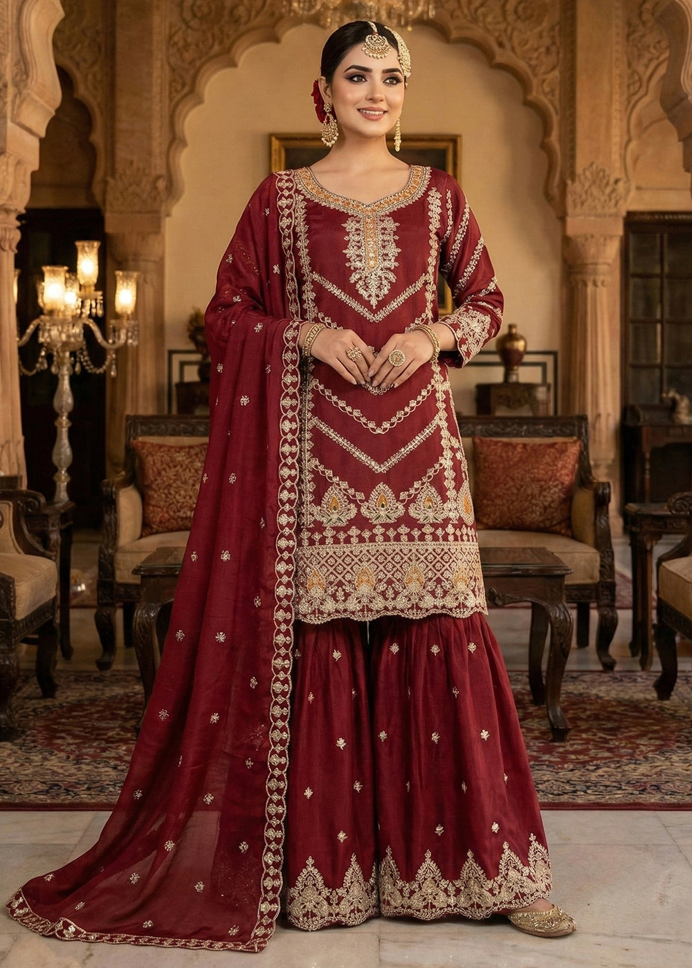 Shop Now Maroon Chinnon All Over Sequins Gharara Suit Online at Empress in USA, UK, Canada, Germany, Australia, Sweden, Denmark, Qatar, Africa, UAE & Worldwide.