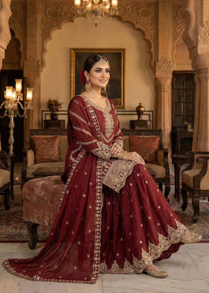 Shop Now Maroon Chinnon All Over Sequins Gharara Suit Online at Empress in USA, UK, Canada, Germany, Australia, Sweden, Denmark, Qatar, Africa, UAE & Worldwide.