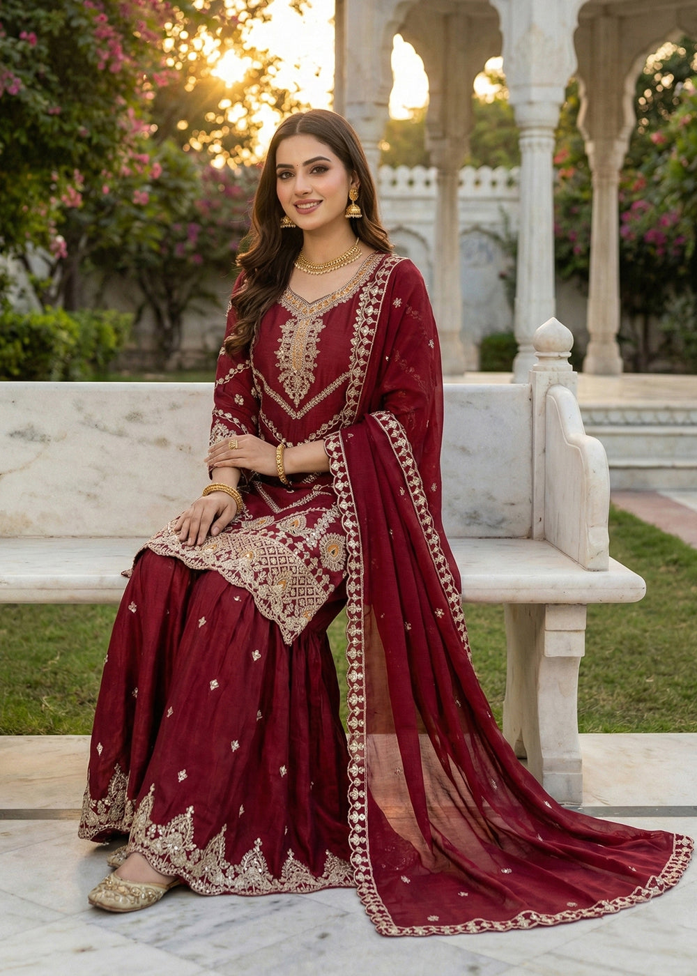 Shop Now Maroon Chinnon All Over Sequins Gharara Suit Online at Empress in USA, UK, Canada, Germany, Australia, Sweden, Denmark, Qatar, Africa, UAE & Worldwide.