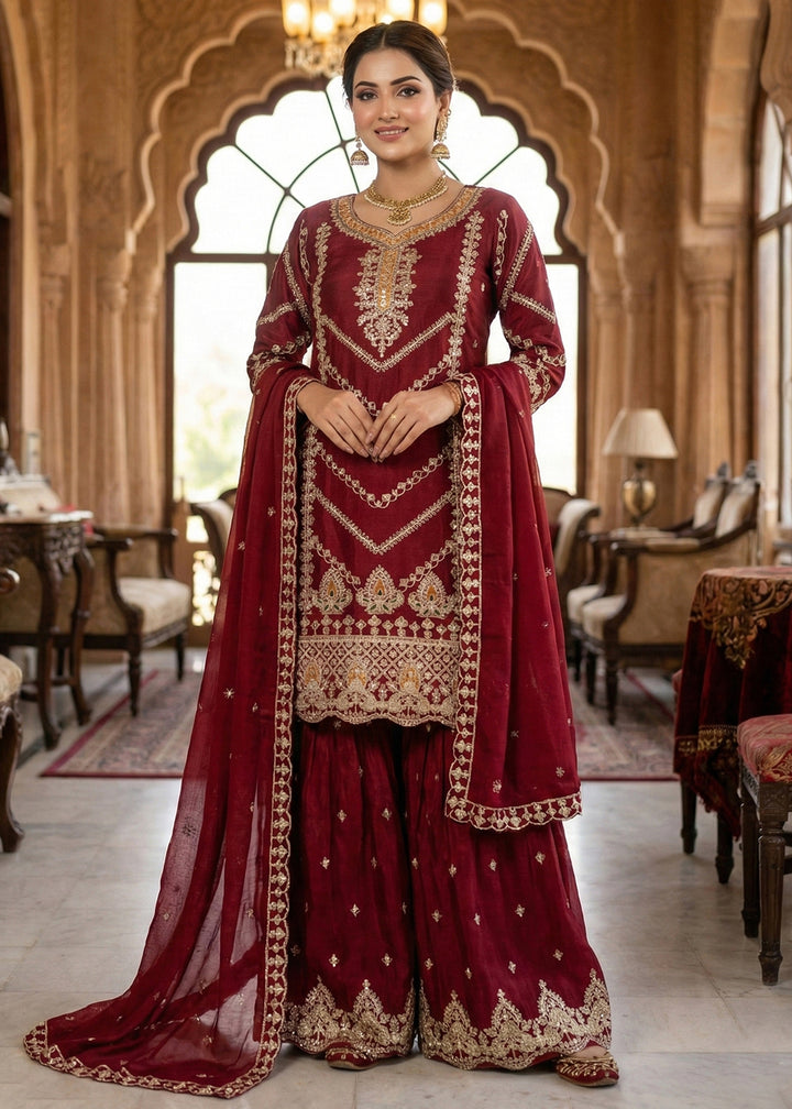 Shop Now Maroon Chinnon All Over Sequins Gharara Suit Online at Empress in USA, UK, Canada, Germany, Australia, Sweden, Denmark, Qatar, Africa, UAE & Worldwide.