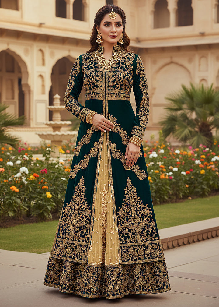 Buy NowGreen & Beige Anarkali Style Wedding Lehenga Suit Online in Newark, Miami, Toronto, London, Bayern, Austin, Utah, New York, Dubai & Worldwide at Empress.