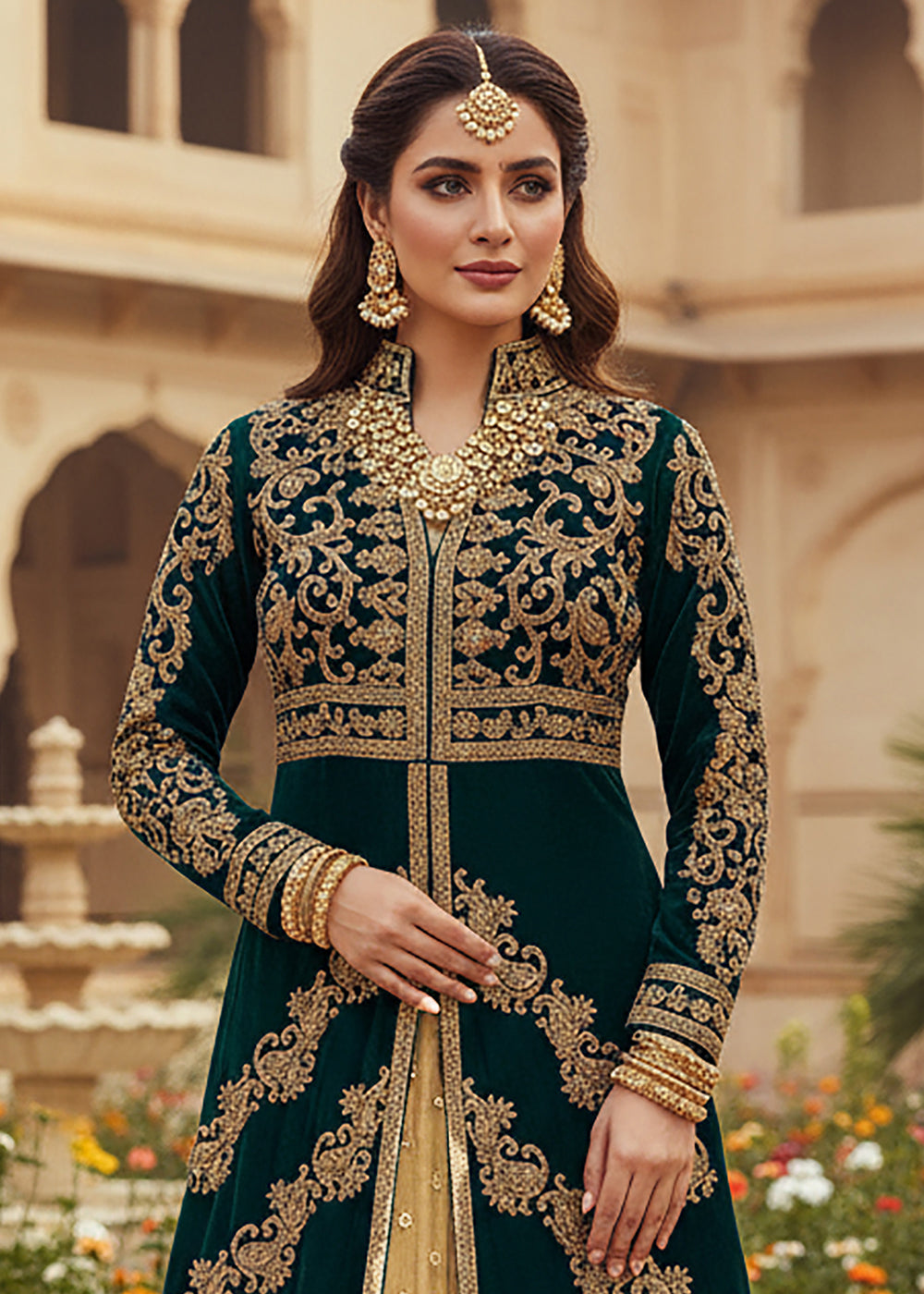 Buy Now Green & Beige Anarkali Style Wedding Lehenga Suit Online in Newark, Miami, Toronto, London, Bayern, Austin, Utah, New York, Dubai & Worldwide at Empress.