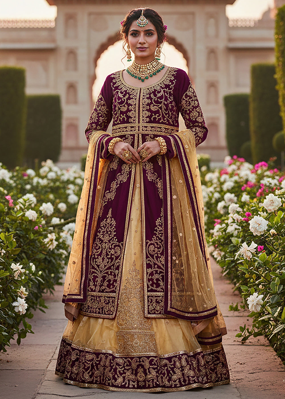Buy Now Maroon & Beige Anarkali Style Wedding Lehenga Suit Online in Newark, Miami, Toronto, London, Bayern, Katy, Utah, New York, Dubai & Worldwide at Empress.