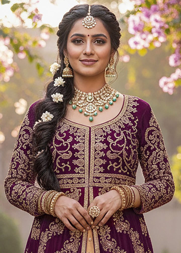 Buy Now Maroon & Beige Anarkali Style Wedding Lehenga Suit Online in Newark, Miami, Toronto, London, Bayern, Katy, Utah, New York, Dubai & Worldwide at Empress.