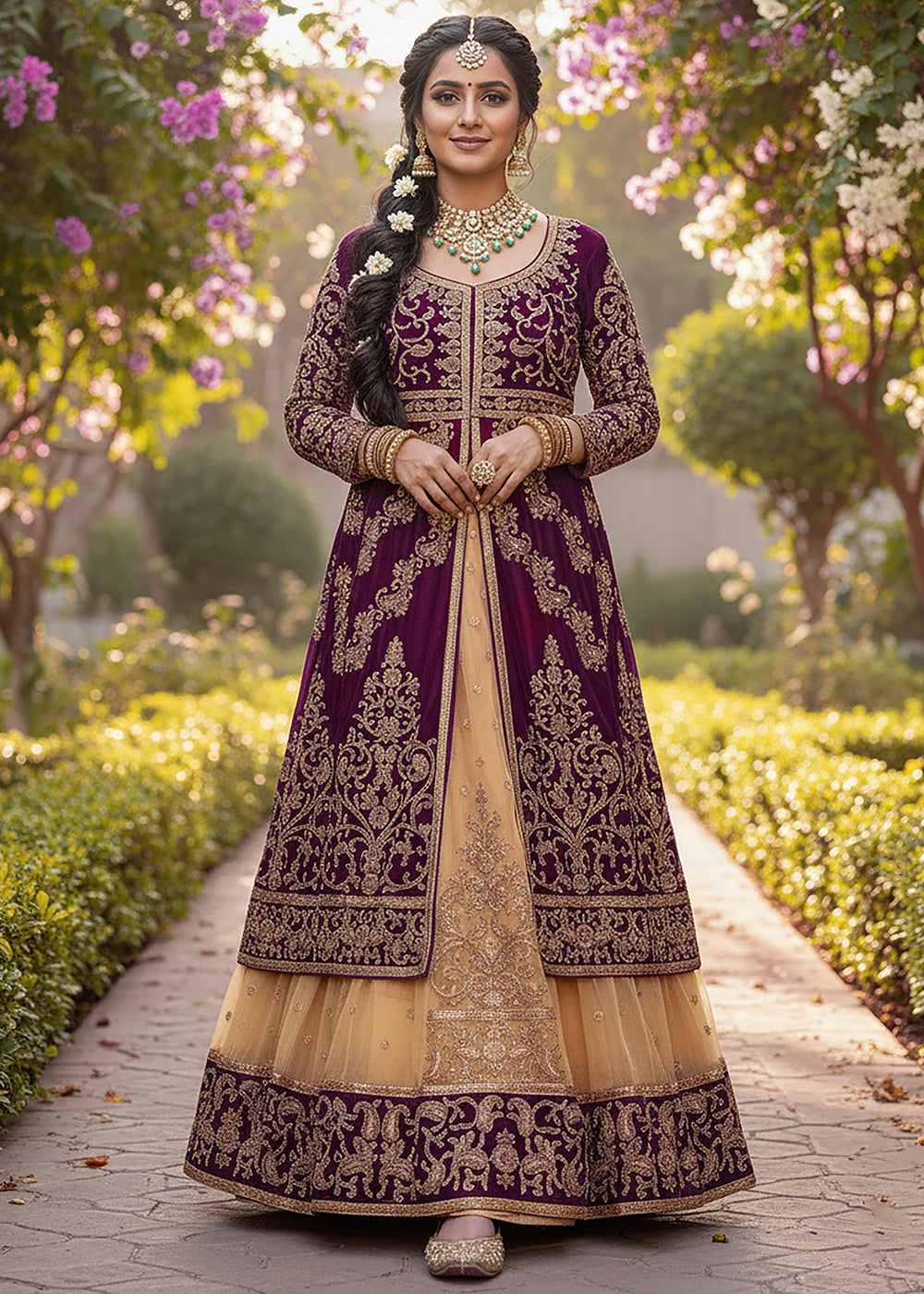 Buy Now Maroon & Beige Anarkali Style Wedding Lehenga Suit Online in Newark, Miami, Toronto, London, Bayern, Katy, Utah, New York, Dubai & Worldwide at Empress.