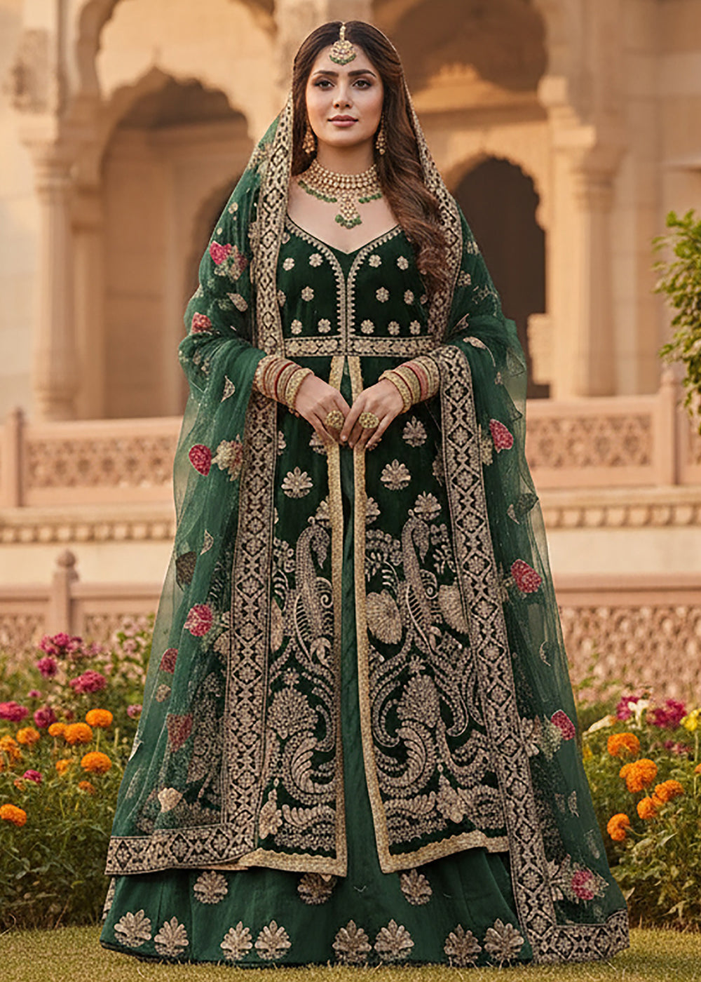 Buy Now Green Anarkali Style Wedding & Bridal Lehenga Suit Online in Newark, Miami, Toronto, London, Bayern, Katy, Utah, New York, Dubai & Worldwide at Empress.