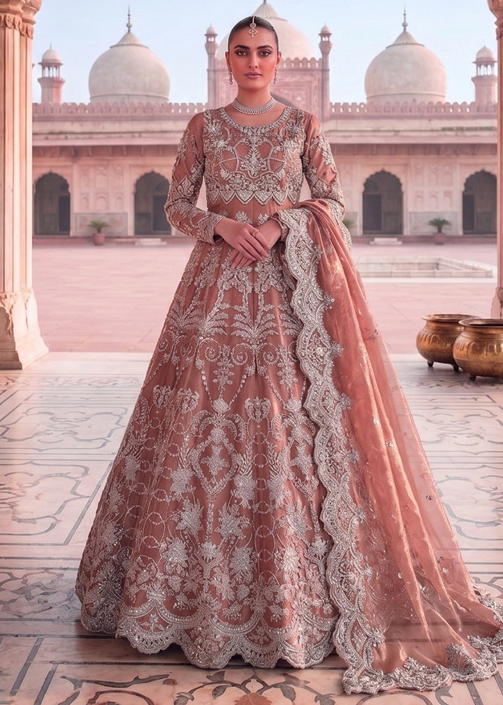 Buy Now Dreamy Peach Diamond Work Wedding Wear Anarkali Gown Online in US, UK, Canada, France, Italy, Sweden, Ireland, Denmark, Qatar & Worldwide at Empress.