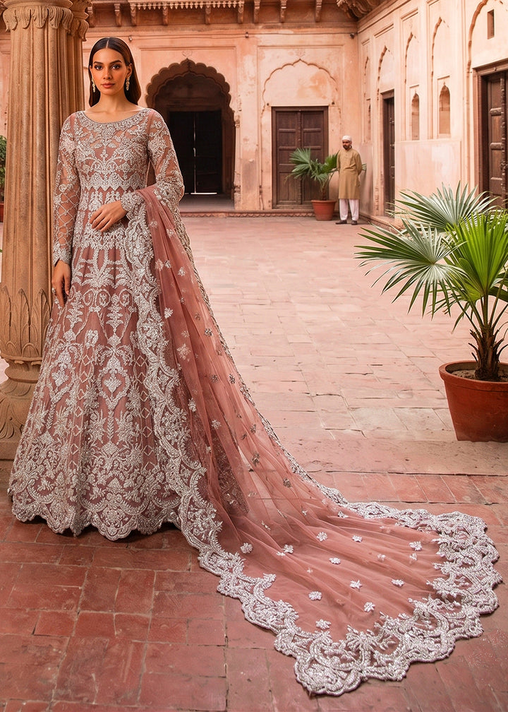 Buy Now Dreamy Peach Diamond Work Wedding Wear Anarkali Gown Online in US, UK, Canada, France, Italy, Sweden, Ireland, Denmark, Qatar & Worldwide at Empress.