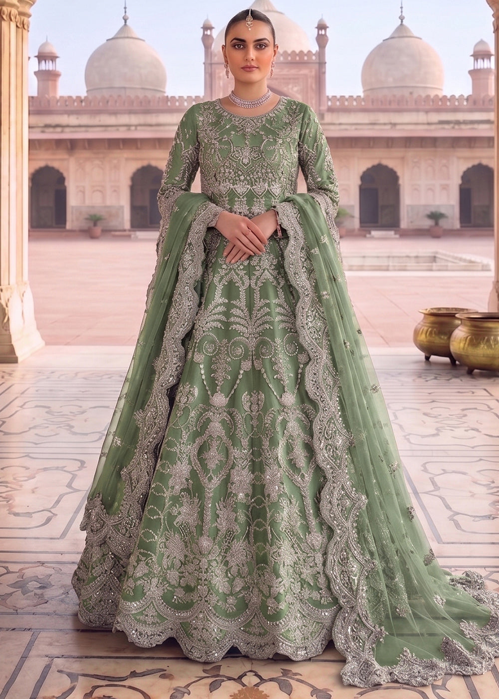 Buy Now Dreamy Green Diamond Work Wedding Wear Anarkali Gown Online in US, UK, Canada, France, Italy, Sweden, Ireland, Denmark, Qatar & Worldwide at Empress.
