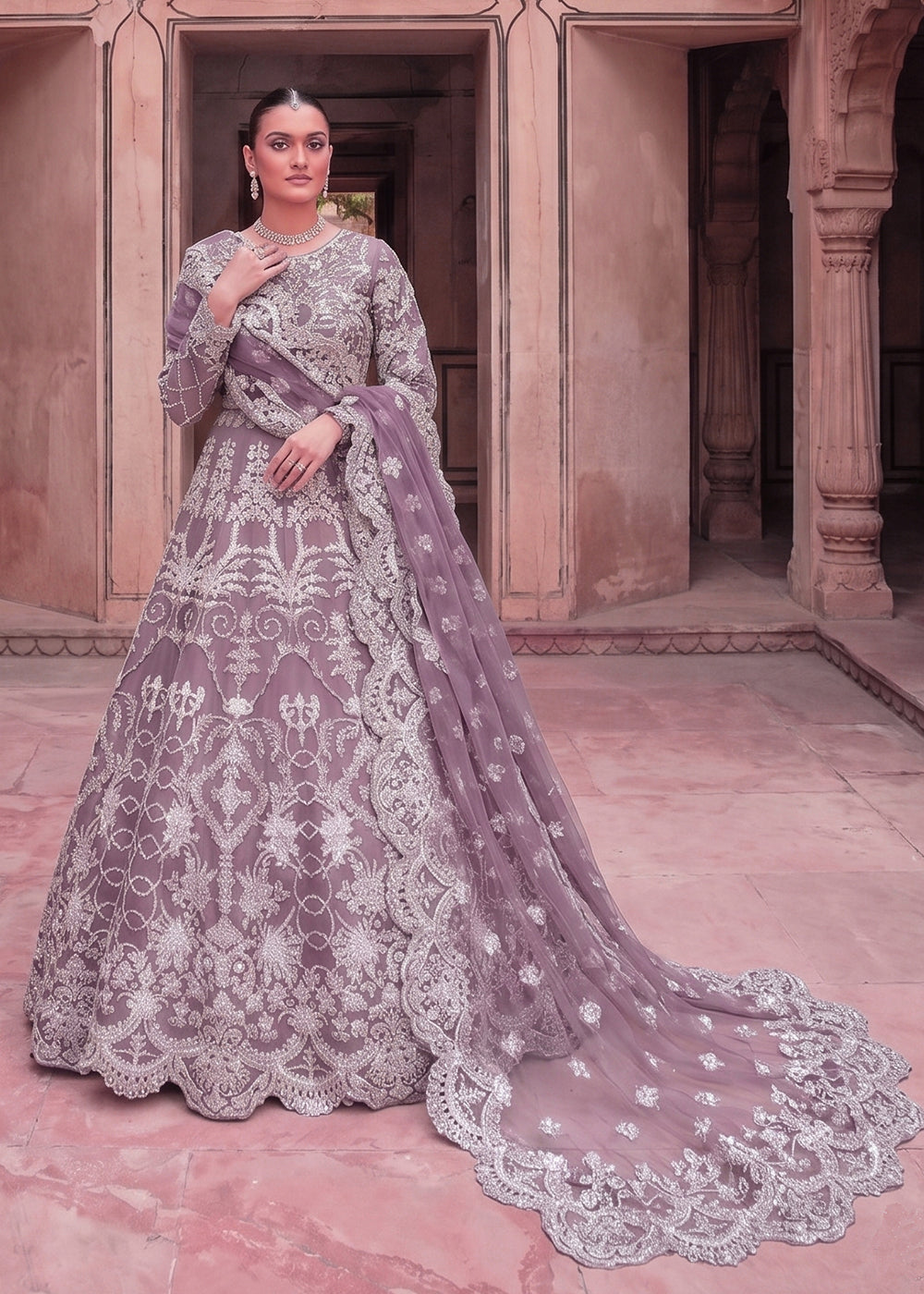 Buy Now Dreamy Lavender Diamond Work Wedding Wear Anarkali Gown Online in US, UK, Canada, France, Italy, Sweden, Ireland, Denmark, Qatar & Worldwide at Empress.