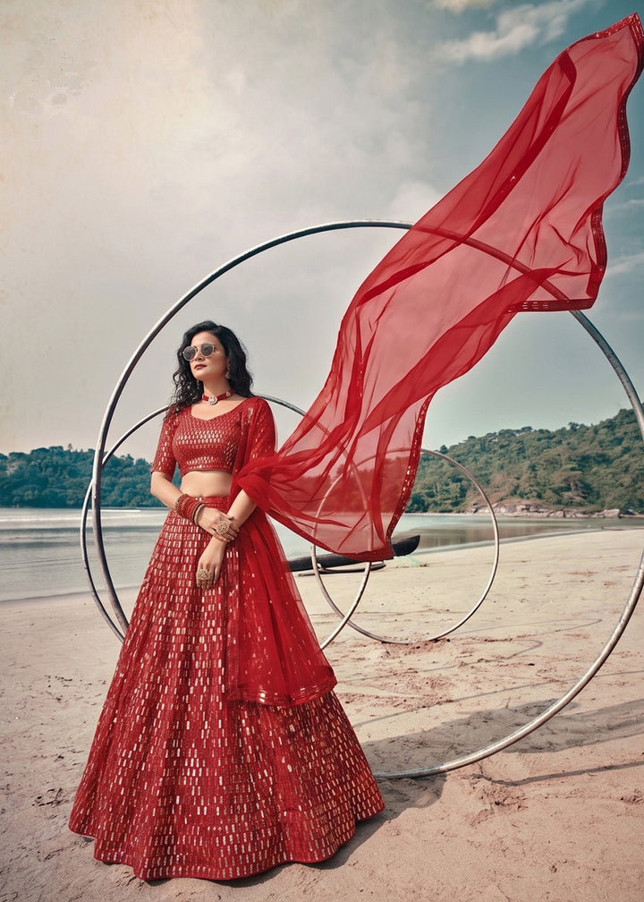 Buy Now Festive Party Wear Red Embroidered Lehenga Choli Online in US, UK, Canada, France, Italy, Greece, Sweden, Netherlands, UAE &amp; Worldwide at Empress.