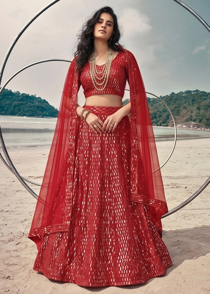 Buy Now Festive Party Wear Red Embroidered Lehenga Choli Online in US, UK, Canada, France, Italy, Greece, Sweden, Netherlands, UAE &amp; Worldwide at Empress.
