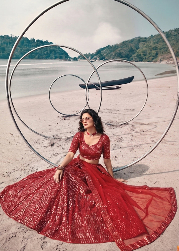 Buy Now Festive Party Wear Red Embroidered Lehenga Choli Online in US, UK, Canada, France, Italy, Greece, Sweden, Netherlands, UAE &amp; Worldwide at Empress.