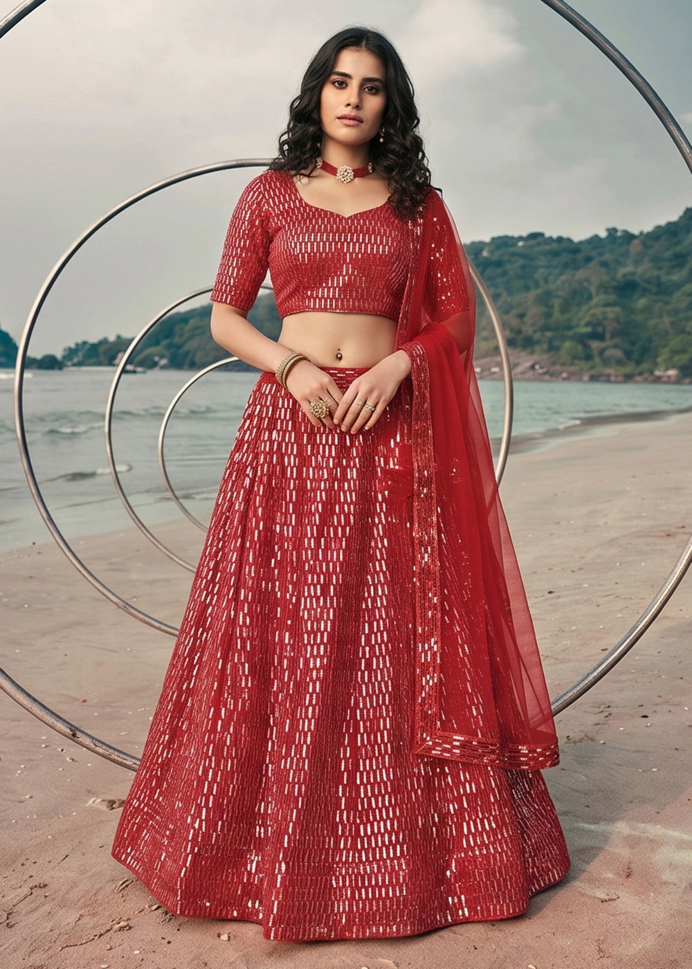 Buy Now Festive Party Wear Red Embroidered Lehenga Choli Online in US, UK, Canada, France, Italy, Greece, Sweden, Netherlands, UAE &amp; Worldwide at Empress.
