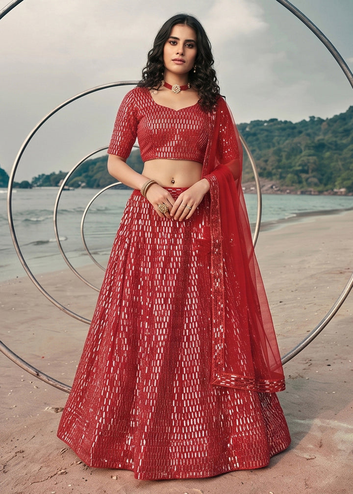 Buy Now Festive Party Wear Red Embroidered Lehenga Choli Online in US, UK, Canada, France, Italy, Greece, Sweden, Netherlands, UAE &amp; Worldwide at Empress.