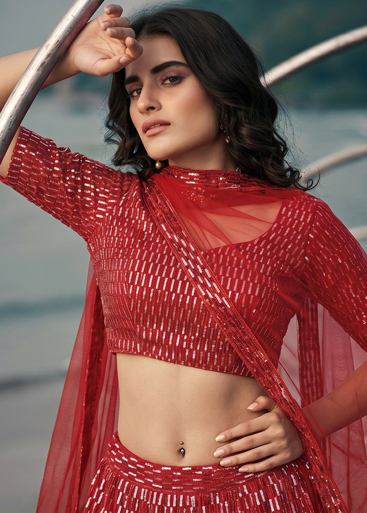 Buy Now Festive Party Wear Red Embroidered Lehenga Choli Online in US, UK, Canada, France, Italy, Greece, Sweden, Netherlands, UAE &amp; Worldwide at Empress.