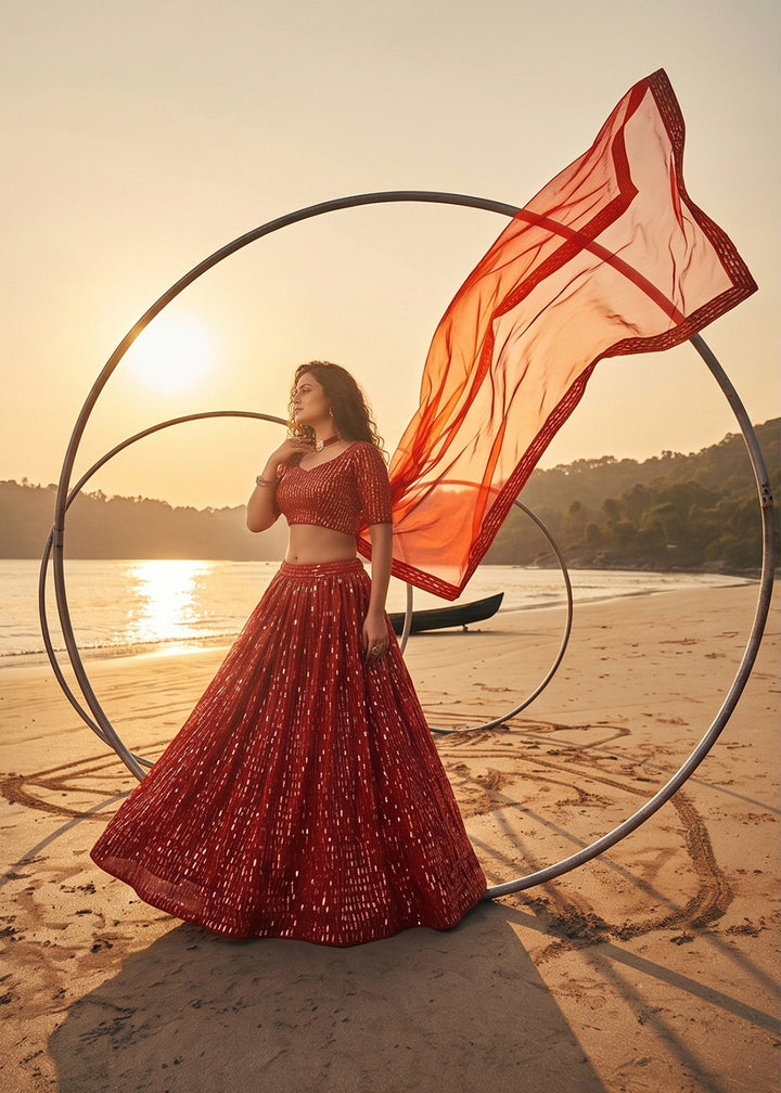 Buy Now Festive Party Wear Red Embroidered Lehenga Choli Online in US, UK, Canada, France, Italy, Greece, Sweden, Netherlands, UAE &amp; Worldwide at Empress.