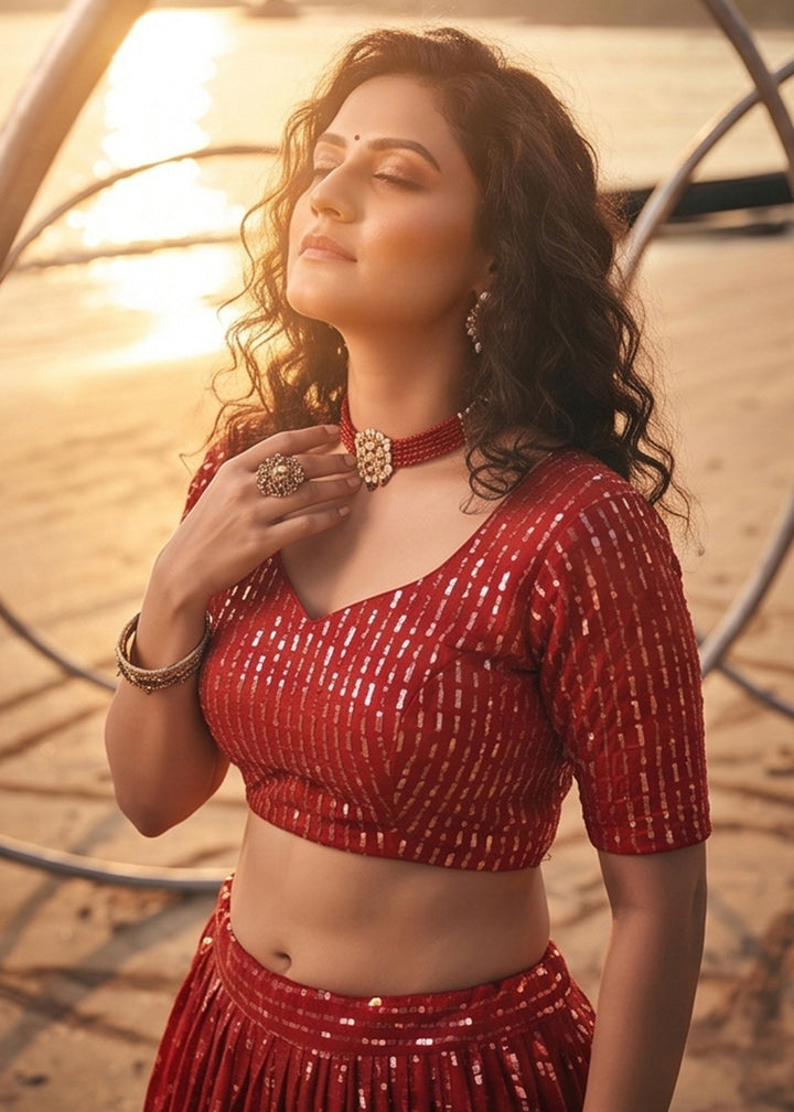 Buy Now Festive Party Wear Red Embroidered Lehenga Choli Online in US, UK, Canada, France, Italy, Greece, Sweden, Netherlands, UAE &amp; Worldwide at Empress.