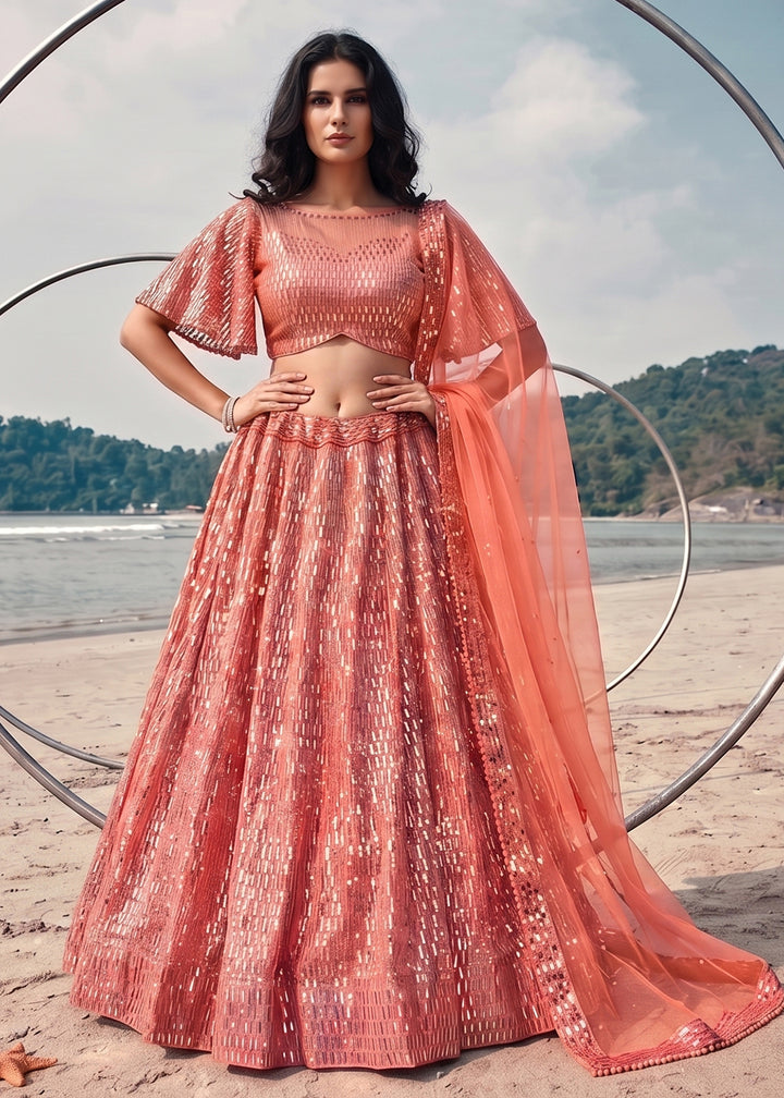 Buy Now Festive Party Wear Peach Embroidered Lehenga Choli Online in US, UK, Canada, France, Italy, Greece, Sweden, Netherlands, UAE &amp; Worldwide at Empress.