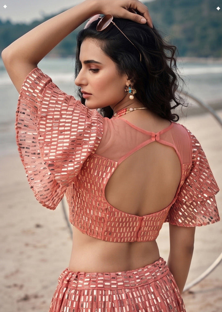 Buy Now Festive Party Wear Peach Embroidered Lehenga Choli Online in US, UK, Canada, France, Italy, Greece, Sweden, Netherlands, UAE &amp; Worldwide at Empress.