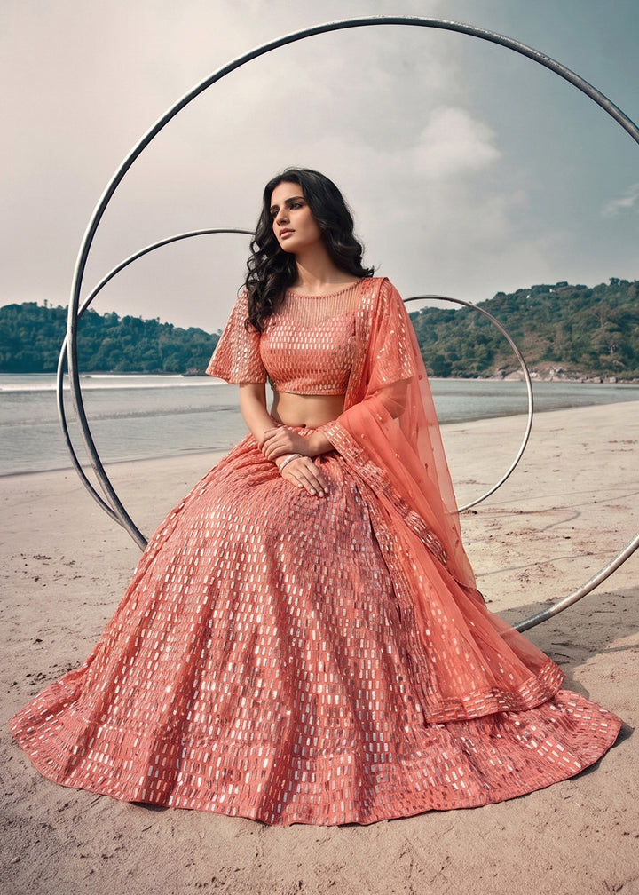 Buy Now Festive Party Wear Peach Embroidered Lehenga Choli Online in US, UK, Canada, France, Italy, Greece, Sweden, Netherlands, UAE &amp; Worldwide at Empress.
