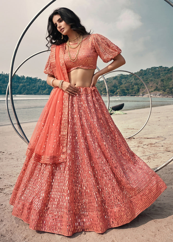 Buy Now Festive Party Wear Peach Embroidered Lehenga Choli Online in US, UK, Canada, France, Italy, Greece, Sweden, Netherlands, UAE &amp; Worldwide at Empress.
