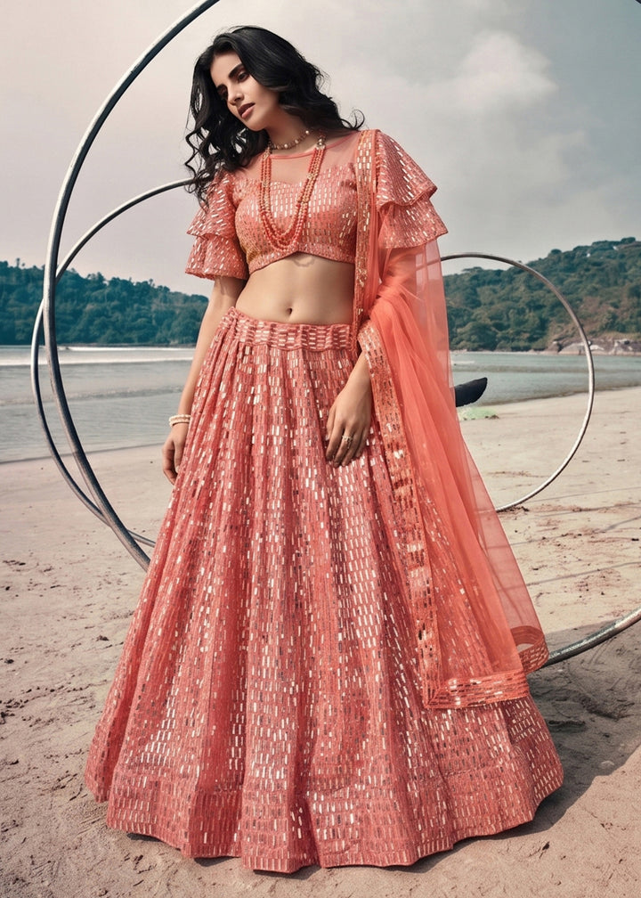 Buy Now Festive Party Wear Peach Embroidered Lehenga Choli Online in US, UK, Canada, France, Italy, Greece, Sweden, Netherlands, UAE &amp; Worldwide at Empress.