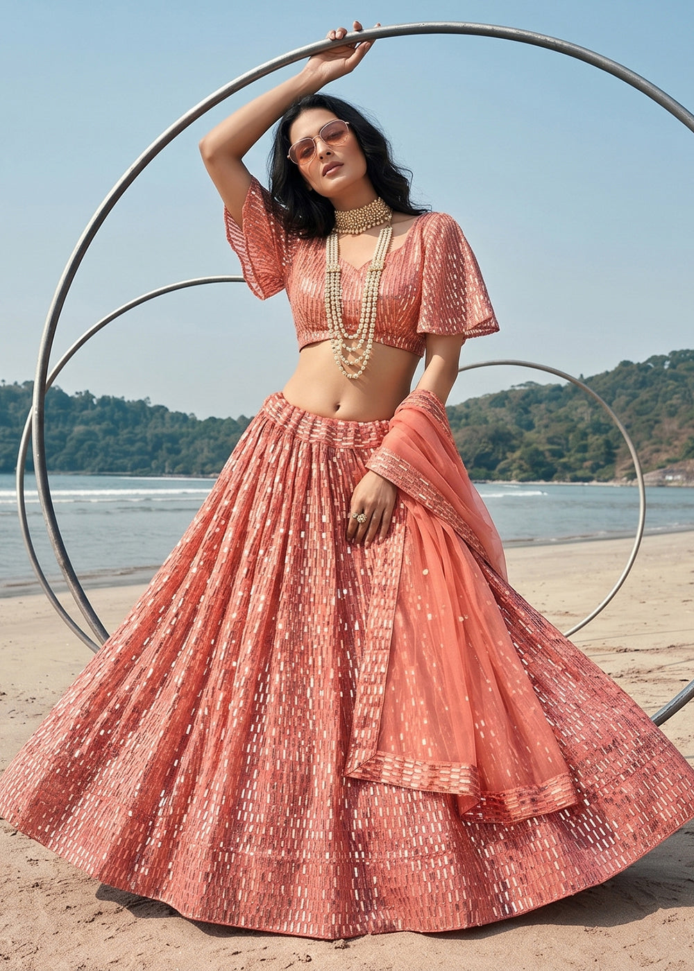 Buy Now Festive Party Wear Peach Embroidered Lehenga Choli Online in US, UK, Canada, France, Italy, Greece, Sweden, Netherlands, UAE &amp; Worldwide at Empress.