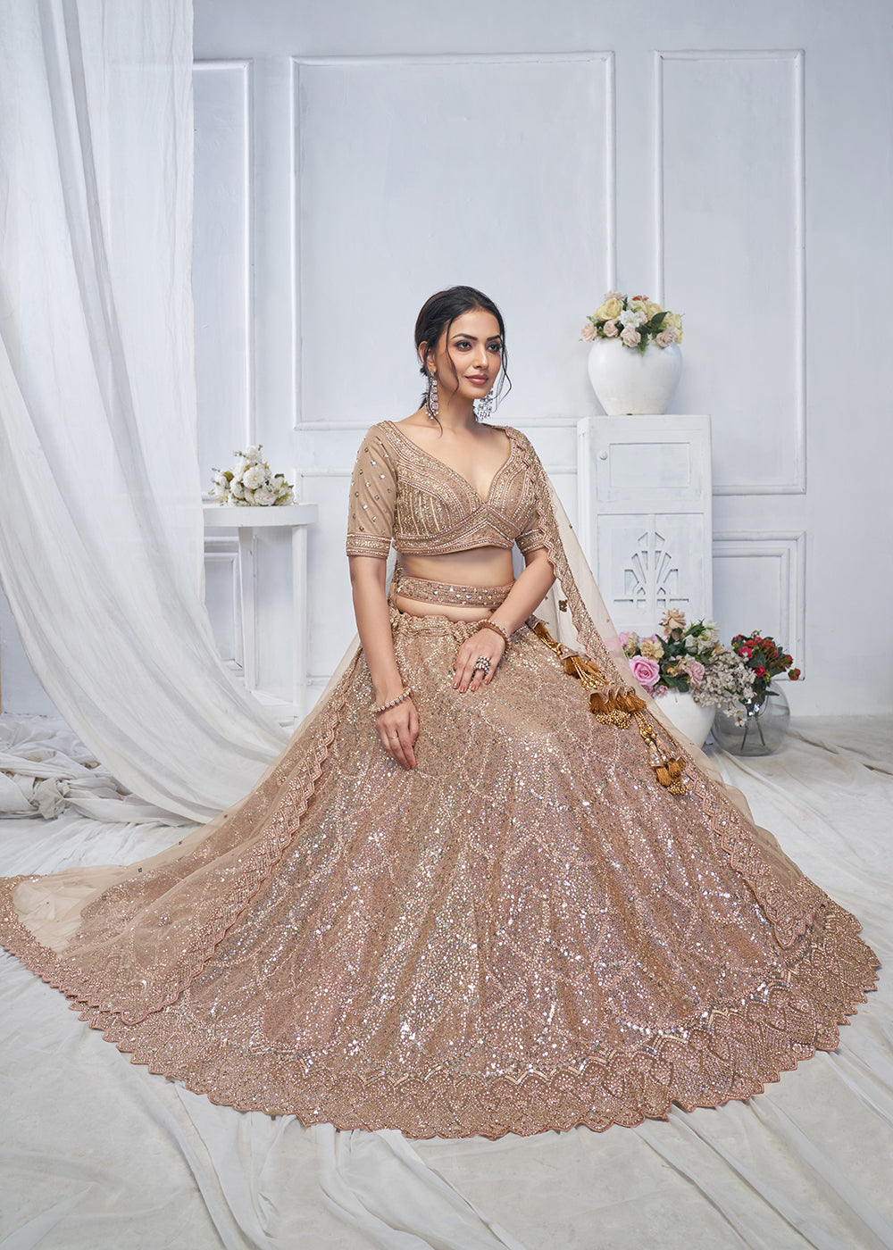 Buy Now Alluring Brown Heavy Embroidered Bridesmaids Lehenga Choli Online in USA, UK, France, UAE & Worldwide at Empress Clothing. 