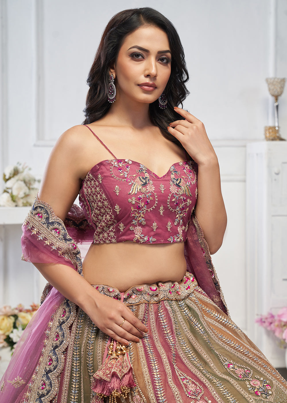 Buy Now Multi & Onion Pink Embroidered Wedding Wear Lehenga Choli Online in USA, UK, France, UAE & Worldwide at Empress Clothing. 