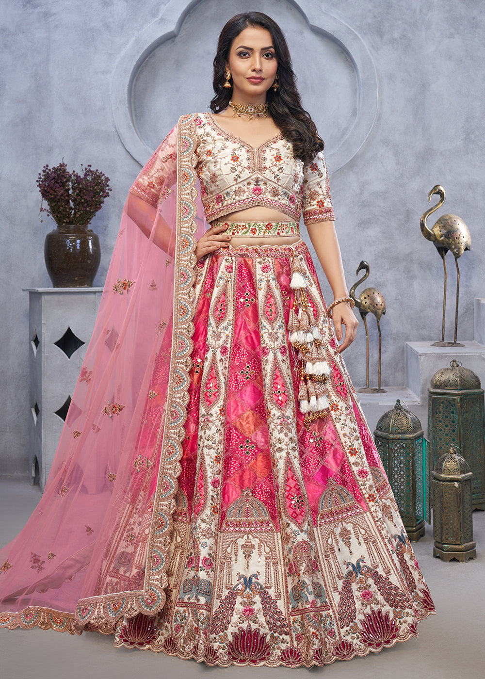 Buy Now Ivory Pink Organza Silk Heavy Embroidered Wedding Lehenga Choli Online in USA, UK, France, UAE & Worldwide at Empress Clothing. 