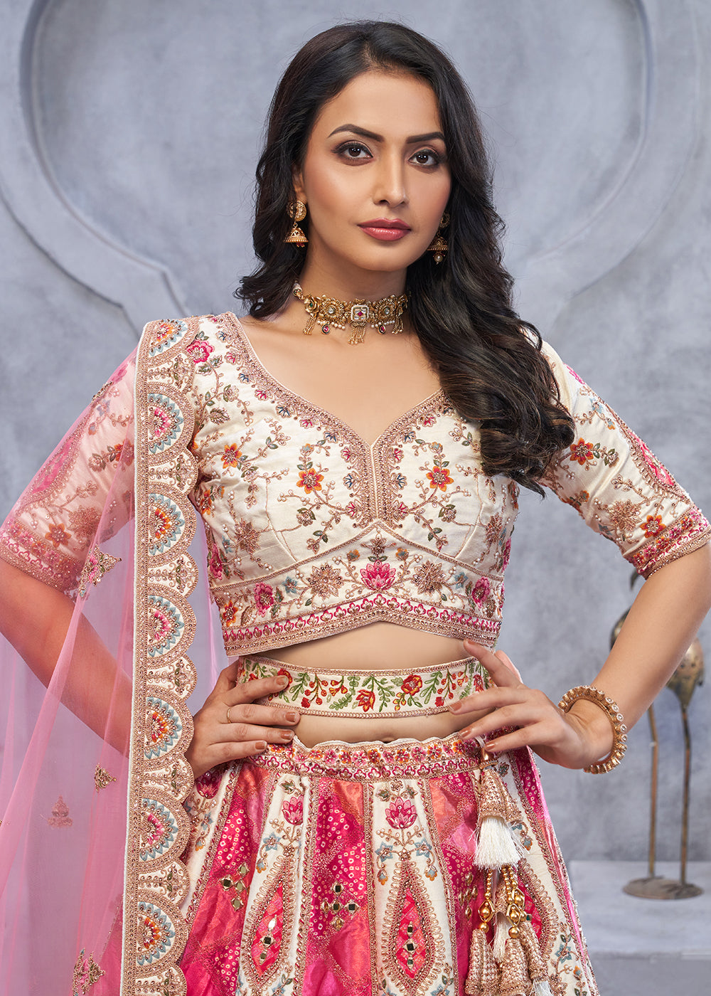 Buy Now Ivory Pink Organza Silk Heavy Embroidered Wedding Lehenga Choli Online in USA, UK, France, UAE & Worldwide at Empress Clothing. 