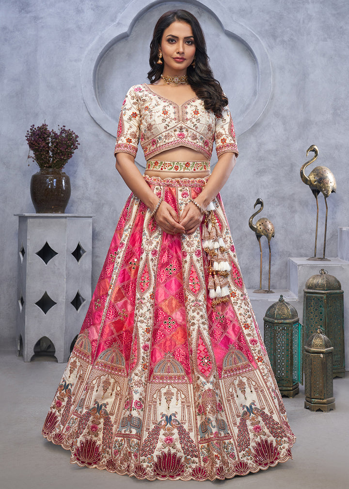 Buy Now Ivory Pink Organza Silk Heavy Embroidered Wedding Lehenga Choli Online in USA, UK, France, UAE & Worldwide at Empress Clothing. 