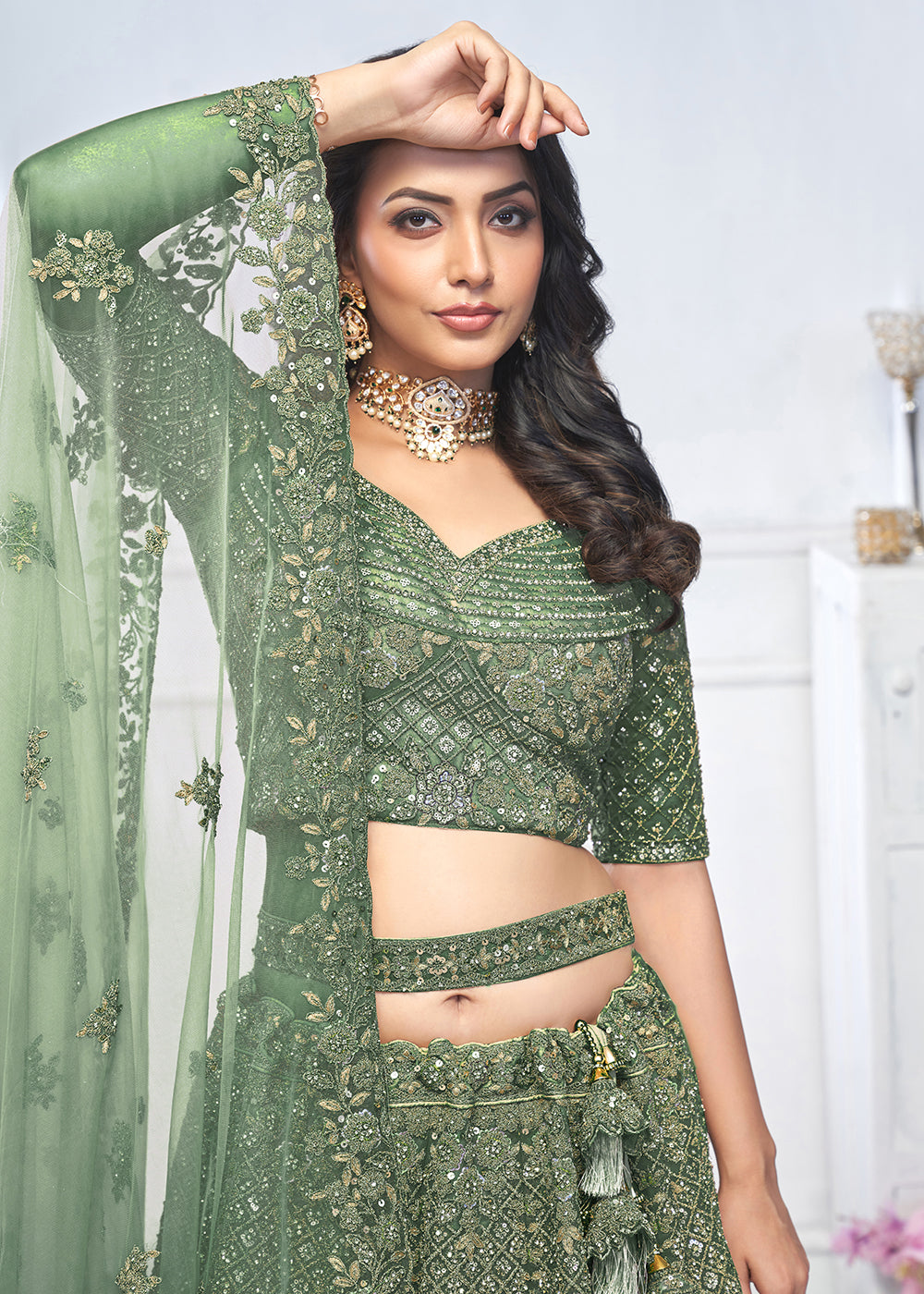 Buy Now Graceful Green Trendy Style Designer Bridal Lehenga Choli Online in USA, UK, France, UAE & Worldwide at Empress Clothing.