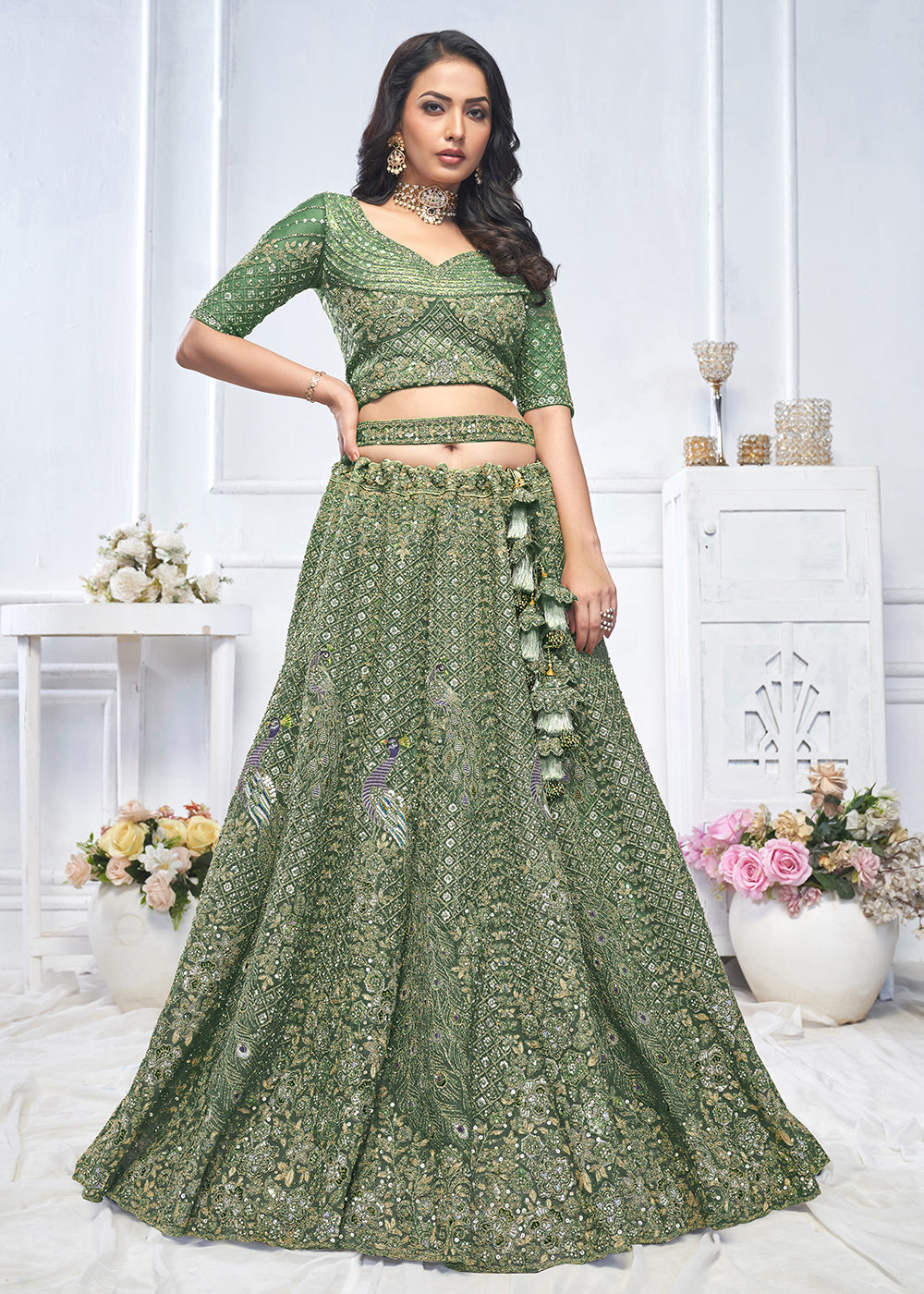 Buy Now Graceful Green Trendy Style Designer Bridal Lehenga Choli Online in USA, UK, France, UAE & Worldwide at Empress Clothing.