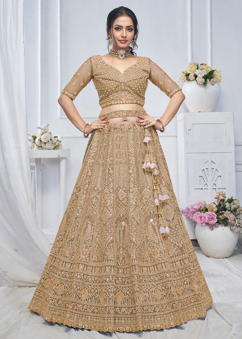 Buy Now Graceful Brown All Over Embroidered Designer Lehenga Choli Online in USA, UK, France, & Worldwide at Empress Clothing.