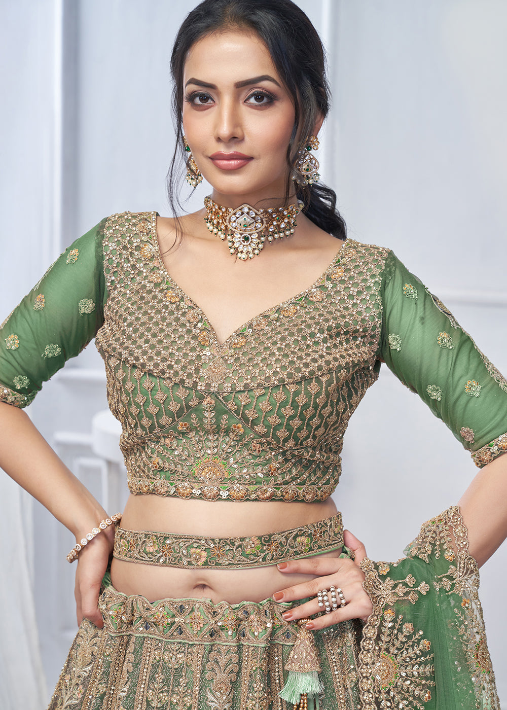 Buy Now Graceful Green All Over Embroidered Designer Lehenga Choli Online in USA, UK, France & Worldwide at Empress Clothing. 