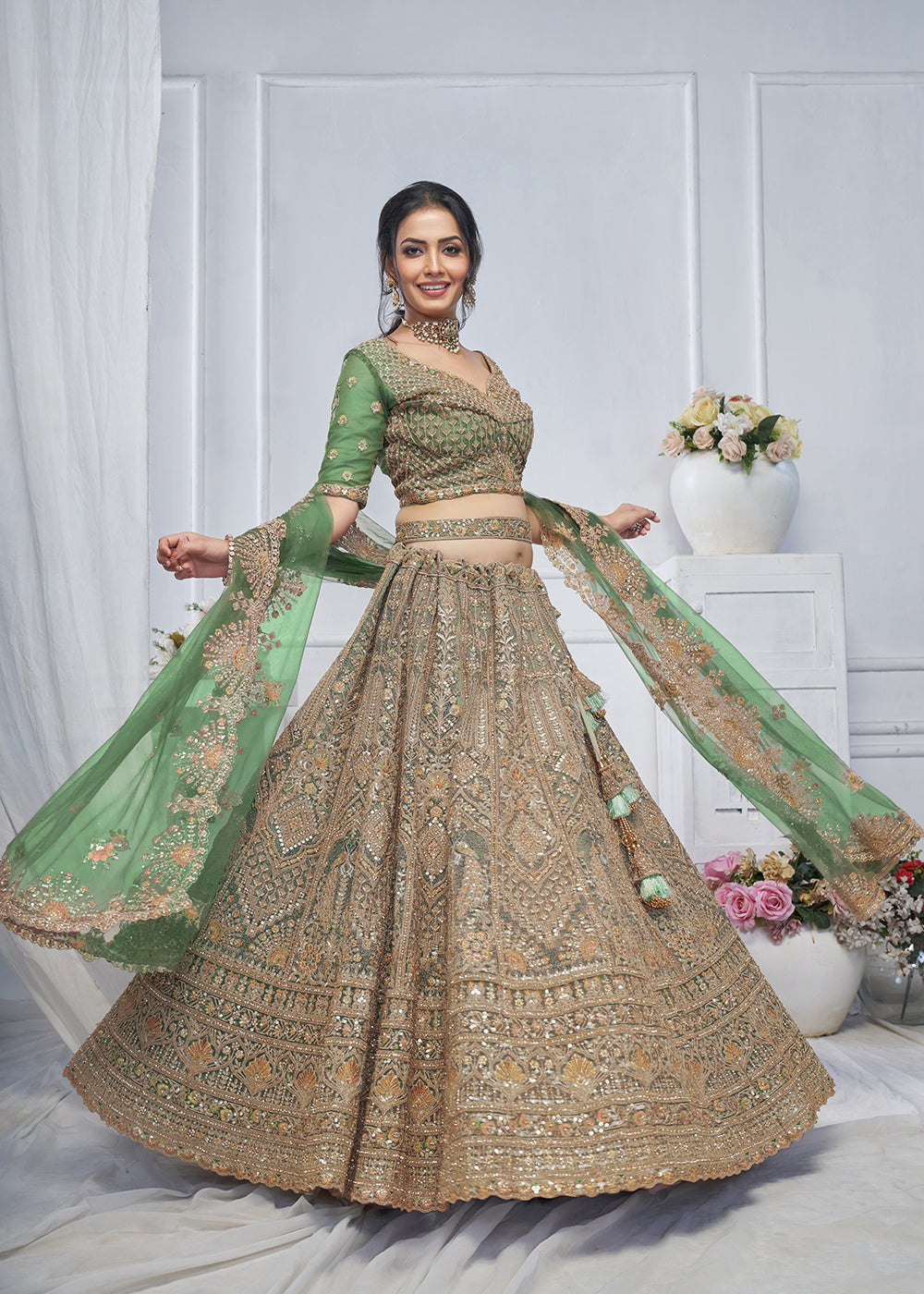 Buy Now Graceful Green All Over Embroidered Designer Lehenga Choli Online in USA, UK, France & Worldwide at Empress Clothing. 