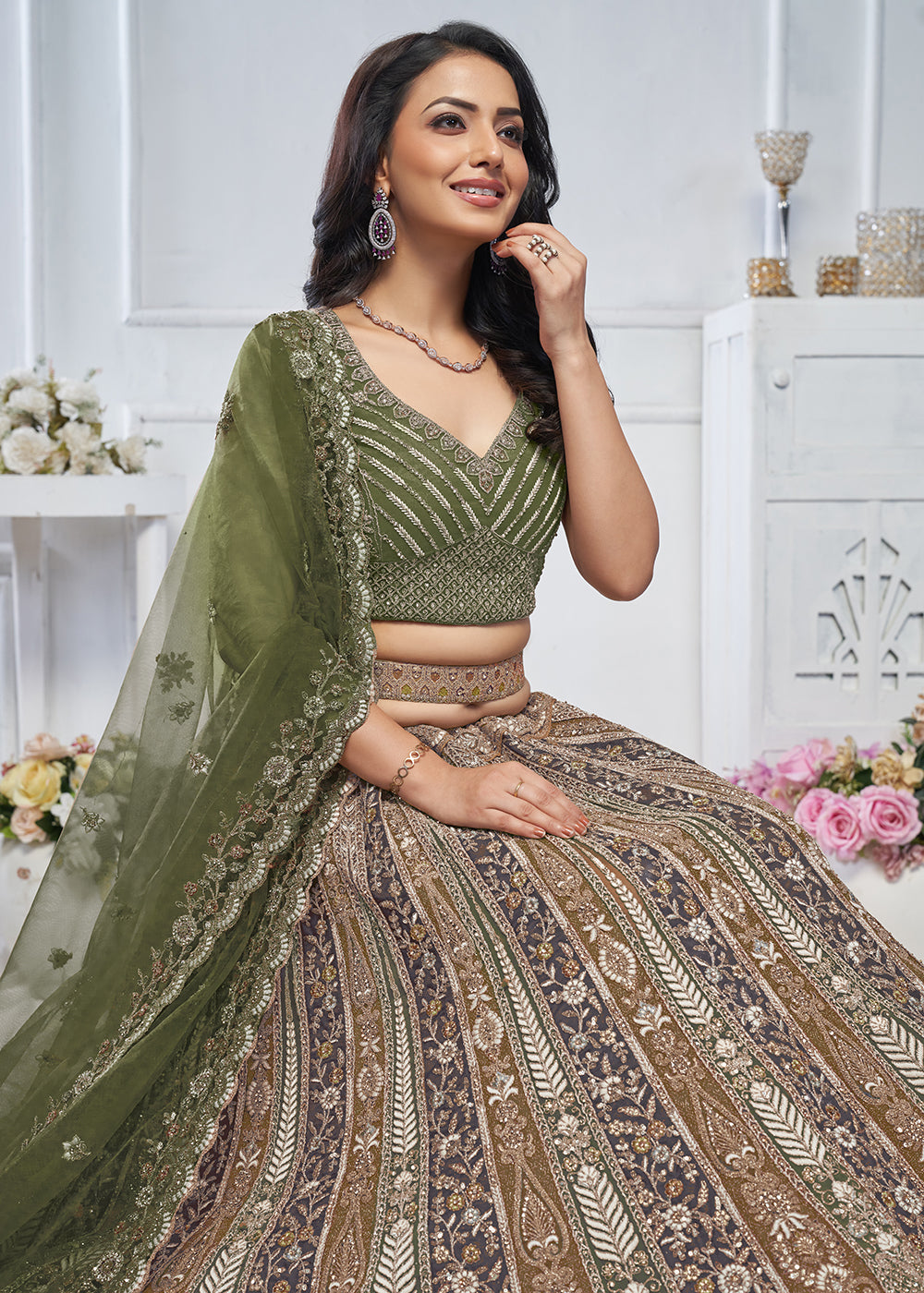 Buy Now Majestic Green Heavy Embroidered Reception Lehenga Choli Online in USA, UK, France, & Worldwide at Empress Clothing. 