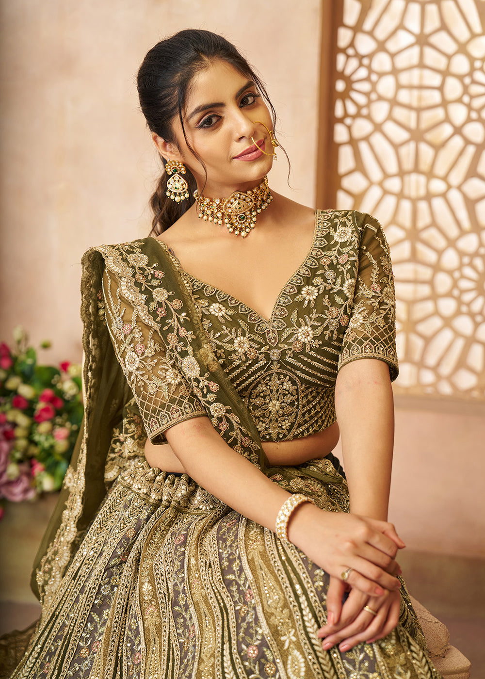 Buy Now Gorgeous Green Heavy Embroidered Bridal Lehenga for Mehndi Online in USA, UK, Canada, France, Italy, Germany, UAE & Worldwide at Empress Clothing.