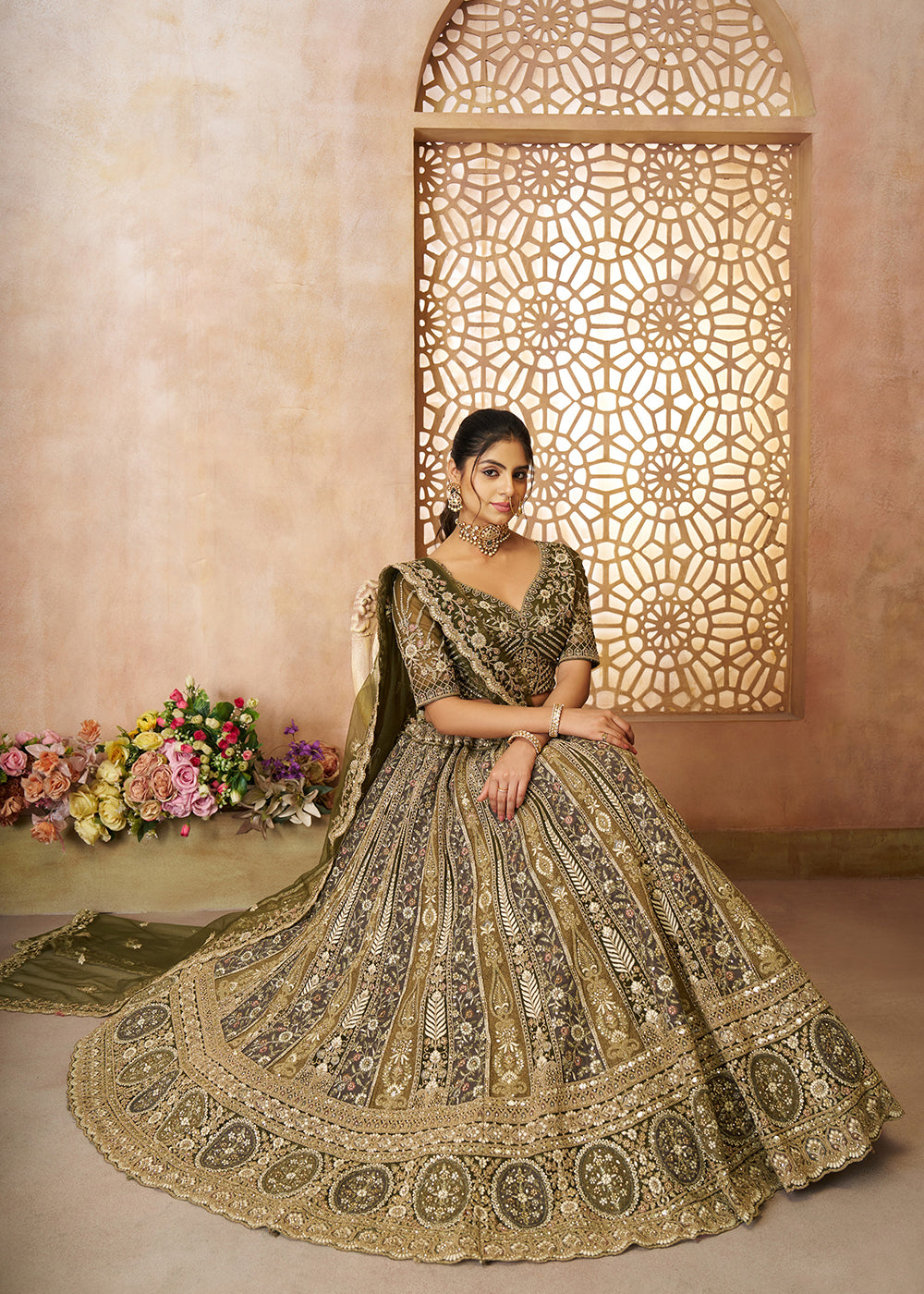 Buy Now Gorgeous Green Heavy Embroidered Bridal Lehenga for Mehndi Online in USA, UK, Canada, France, Italy, Germany, UAE & Worldwide at Empress Clothing.