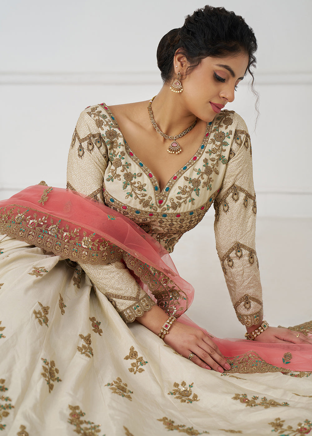 Buy Now Amazing White Embroidered Zari Silk Designer Wedding Lehenga Choli Online in USA, UK, Canada, France, Italy, Germany, UAE & Worldwide at Empress Clothing