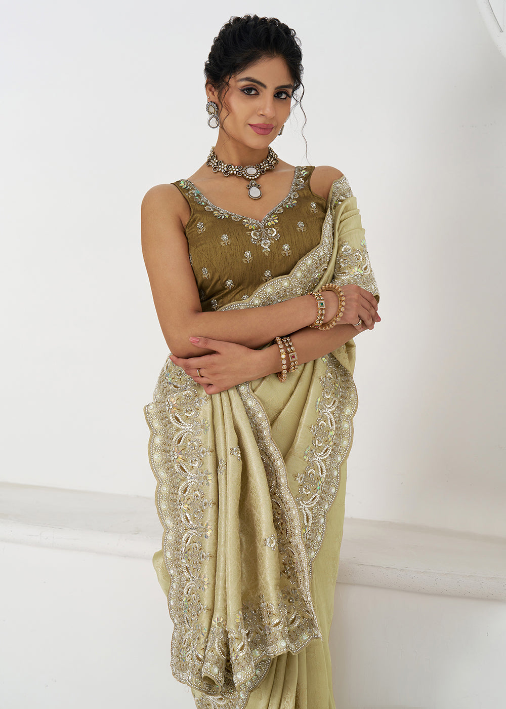 Buy Chickoo Beige Pure Dola Viscose Silk Wedding Wear Saree Online in USA, UK, Canada, Spain, France, Germany, Italy, Austria, UAE & Worldwide at Empress.