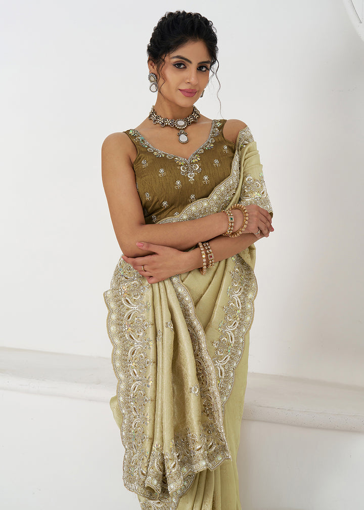 Buy Chickoo Beige Pure Dola Viscose Silk Wedding Wear Saree Online in USA, UK, Canada, Spain, France, Germany, Italy, Austria, UAE & Worldwide at Empress.